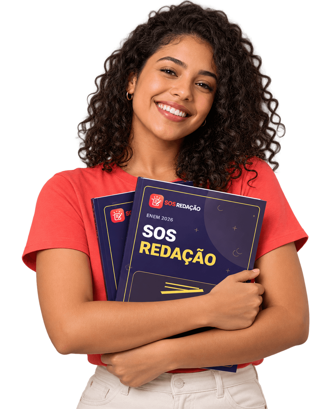 Imagem publicitária ilustrativa: jovem adulta abraçando o kit SOS Redação